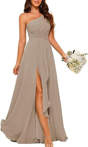 One-Shoulder Sleeveless A-Line Floor-Length Bridesmaid Dress with Side Split
