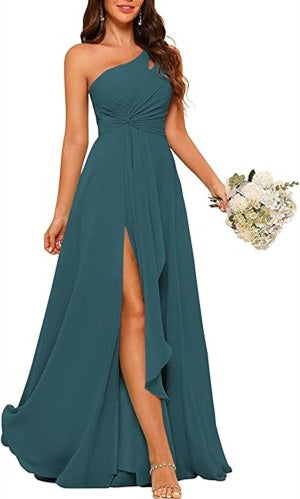 One-Shoulder Sleeveless A-Line Floor-Length Bridesmaid Dress with Side Split