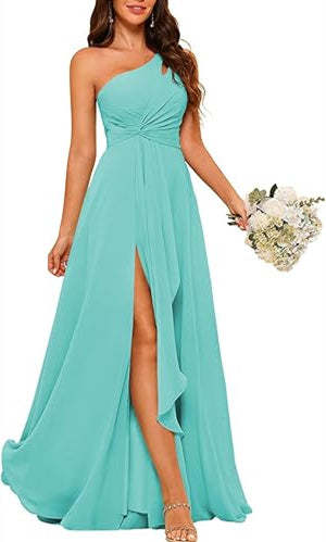 One-Shoulder Sleeveless A-Line Floor-Length Bridesmaid Dress with Side Split
