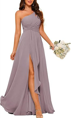 One-Shoulder Sleeveless A-Line Floor-Length Bridesmaid Dress with Side Split