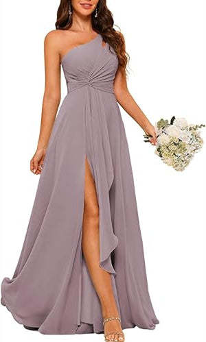 One-Shoulder Sleeveless A-Line Floor-Length Bridesmaid Dress with Side Split