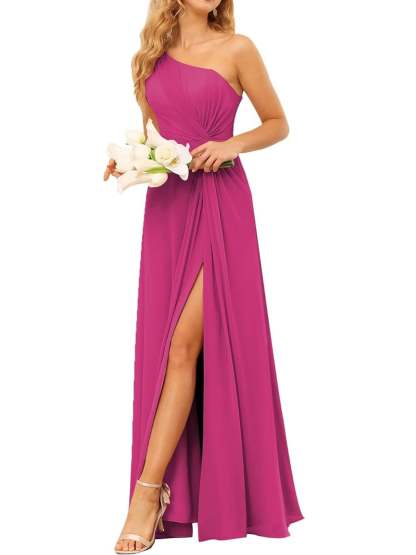 One-Shoulder Sleeveless A-Line Floor-Length Bridesmaid Dress with Pockets