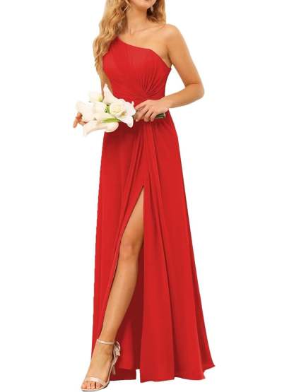 One-Shoulder Sleeveless A-Line Floor-Length Bridesmaid Dress with Pockets