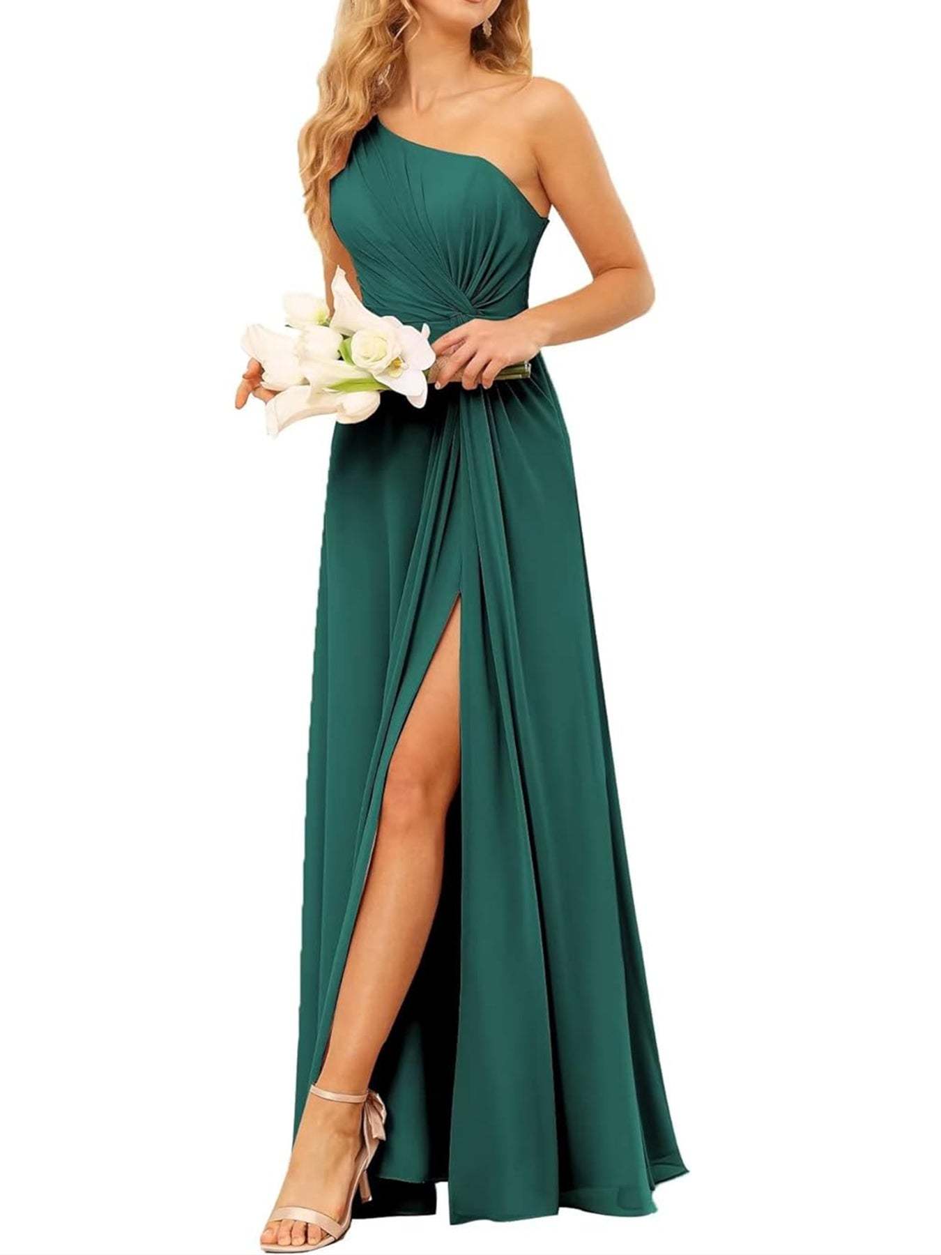 One-Shoulder Sleeveless A-Line Floor-Length Bridesmaid Dress with Pockets
