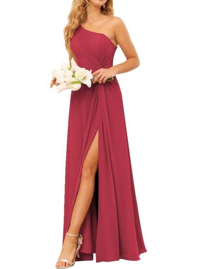 One-Shoulder Sleeveless A-Line Floor-Length Bridesmaid Dress with Pockets
