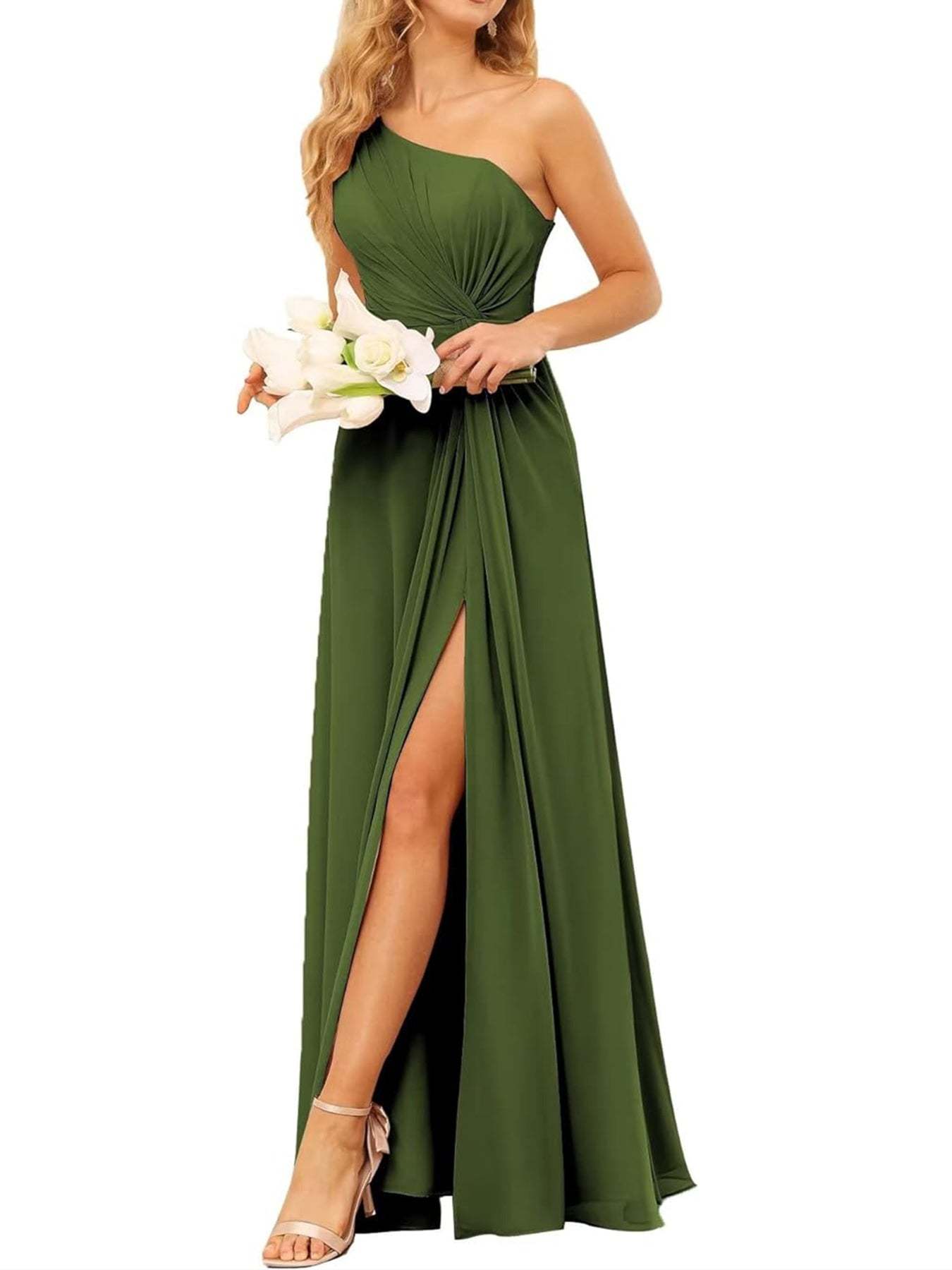 One-Shoulder Sleeveless A-Line Floor-Length Bridesmaid Dress with Pockets