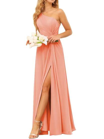 One-Shoulder Sleeveless A-Line Floor-Length Bridesmaid Dress with Pockets