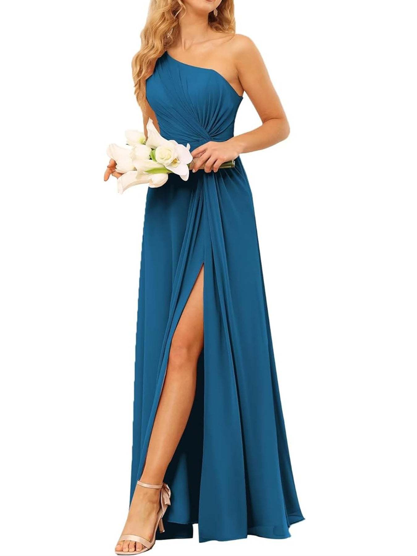 One-Shoulder Sleeveless A-Line Floor-Length Bridesmaid Dress with Pockets