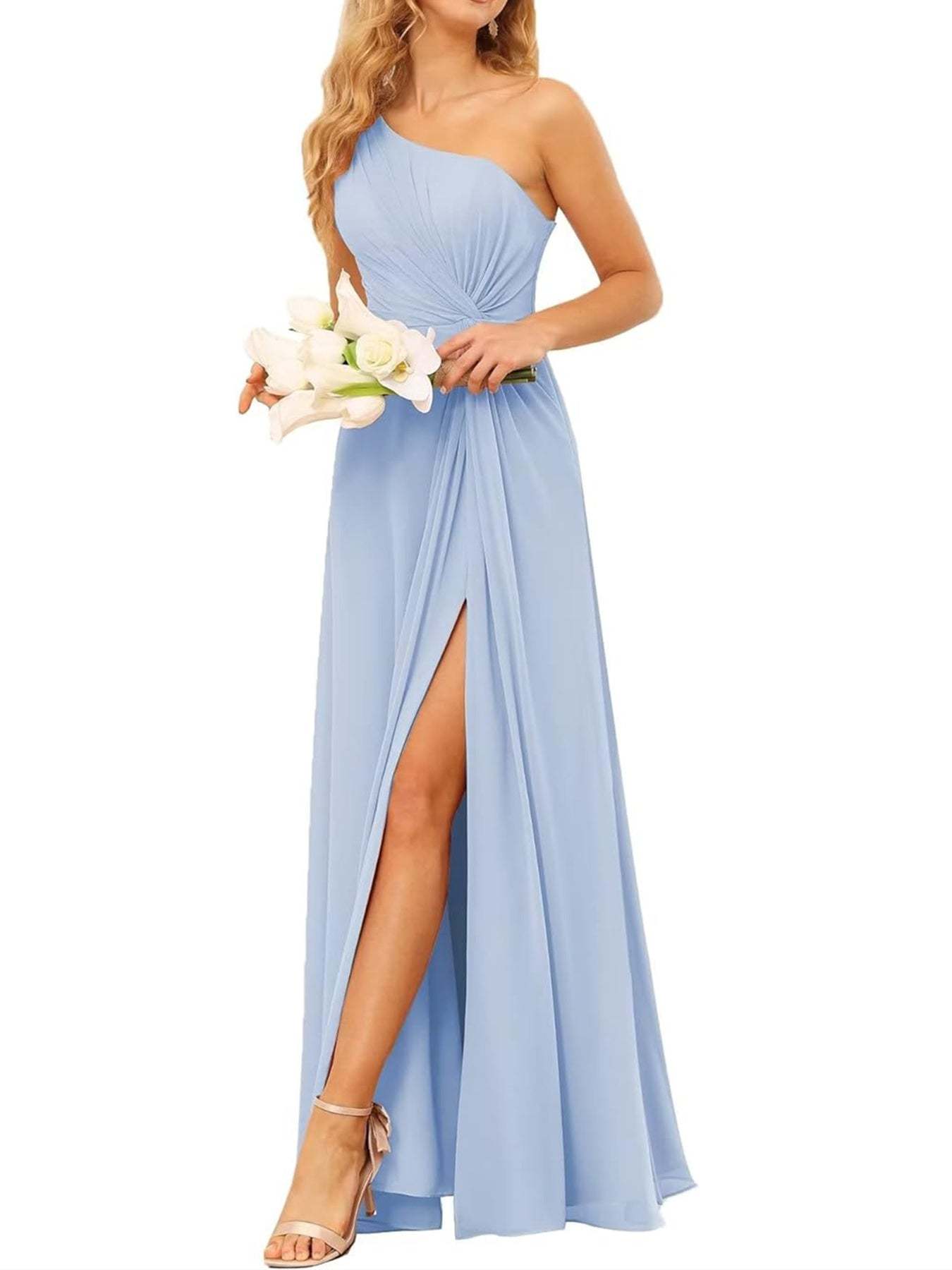 One-Shoulder Sleeveless A-Line Floor-Length Bridesmaid Dress with Pockets