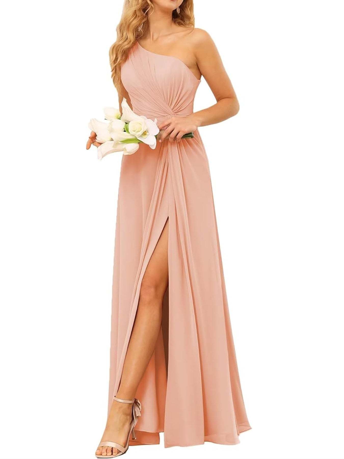 One-Shoulder Sleeveless A-Line Floor-Length Bridesmaid Dress with Pockets