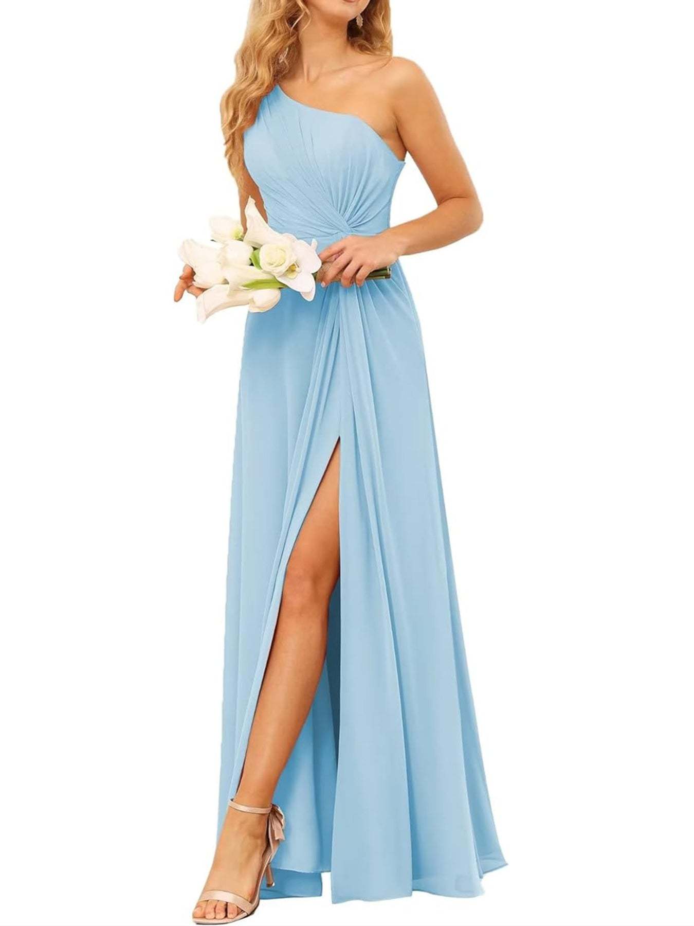 One-Shoulder Sleeveless A-Line Floor-Length Bridesmaid Dress with Pockets