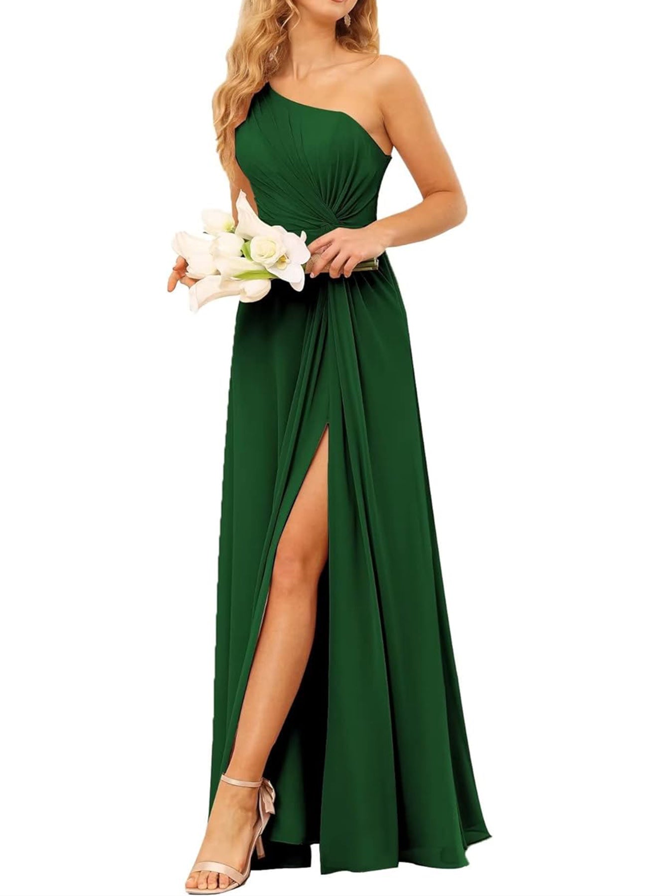 One-Shoulder Sleeveless A-Line Floor-Length Bridesmaid Dress with Pockets