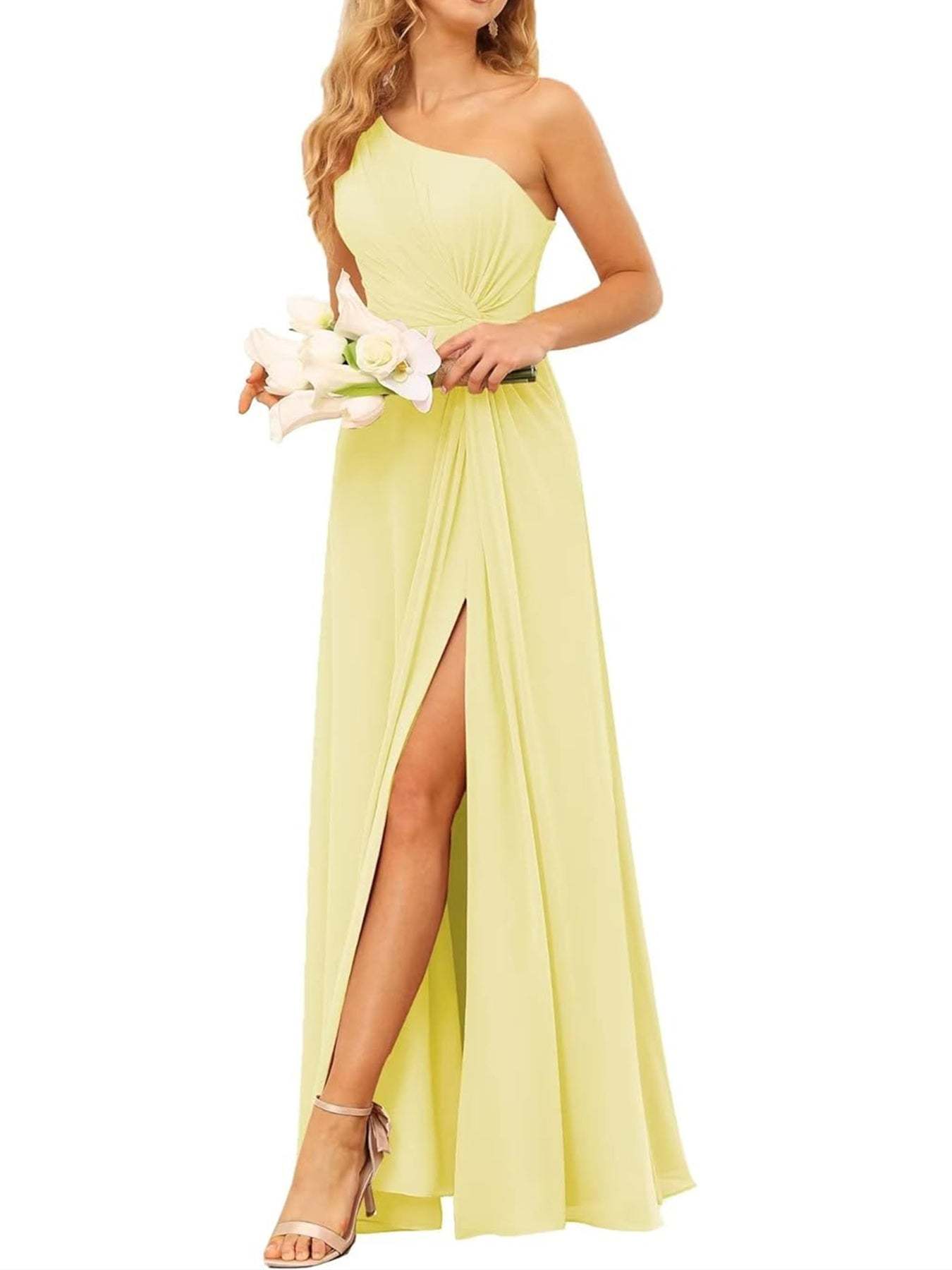 One-Shoulder Sleeveless A-Line Floor-Length Bridesmaid Dress with Pockets