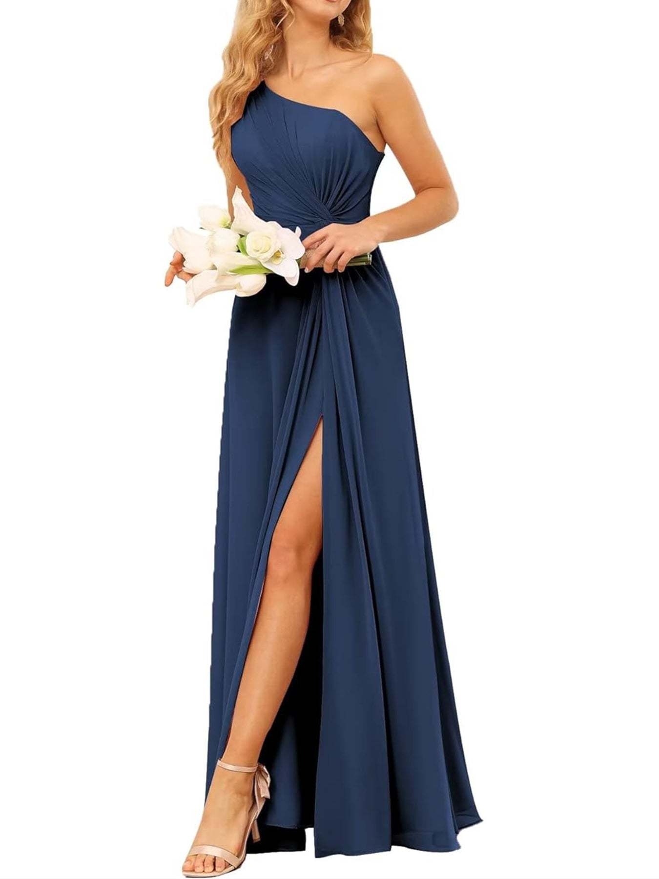 One-Shoulder Sleeveless A-Line Floor-Length Bridesmaid Dress with Pockets
