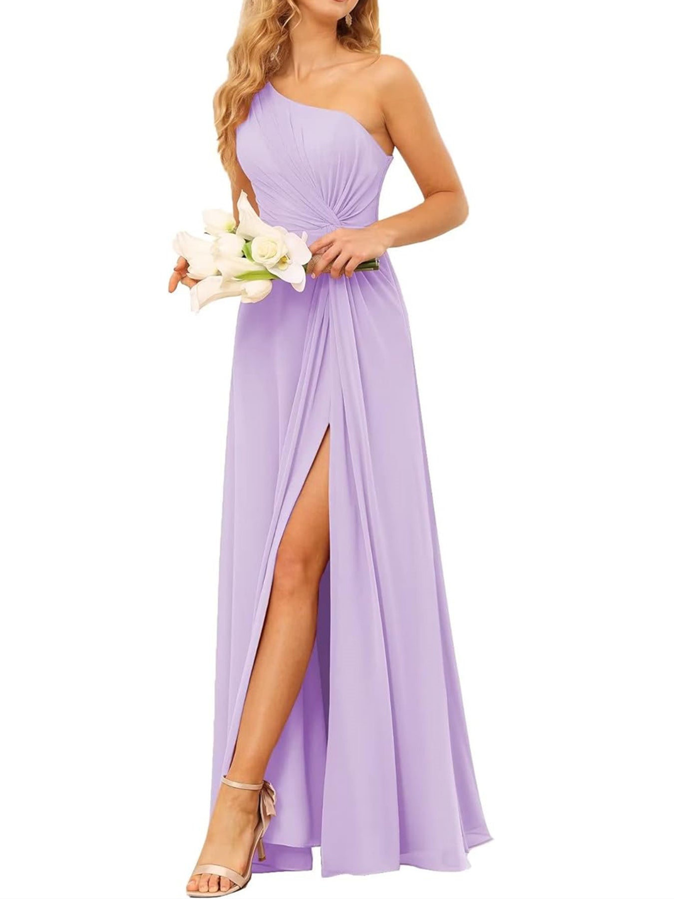 One-Shoulder Sleeveless A-Line Floor-Length Bridesmaid Dress with Pockets
