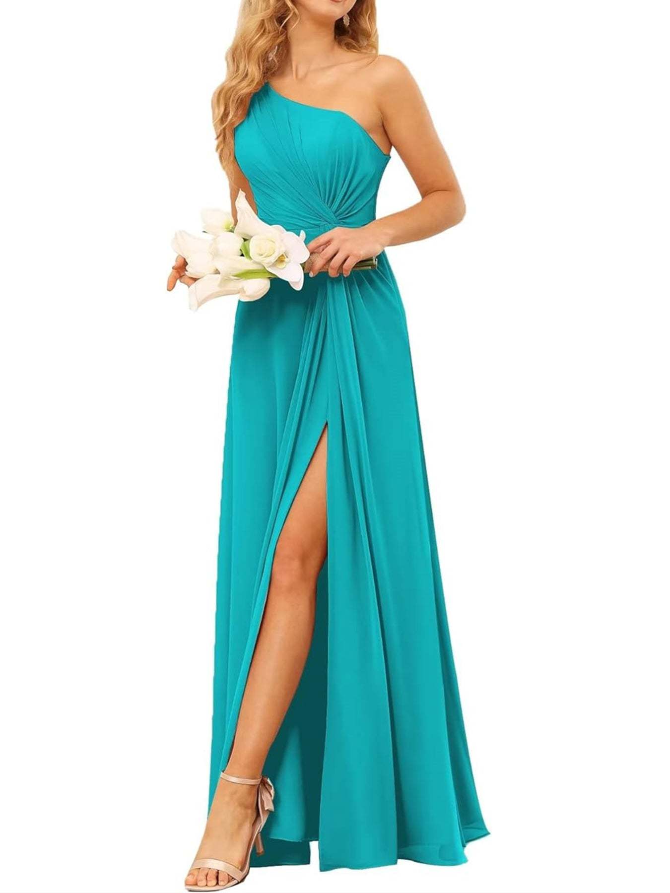 One-Shoulder Sleeveless A-Line Floor-Length Bridesmaid Dress with Pockets