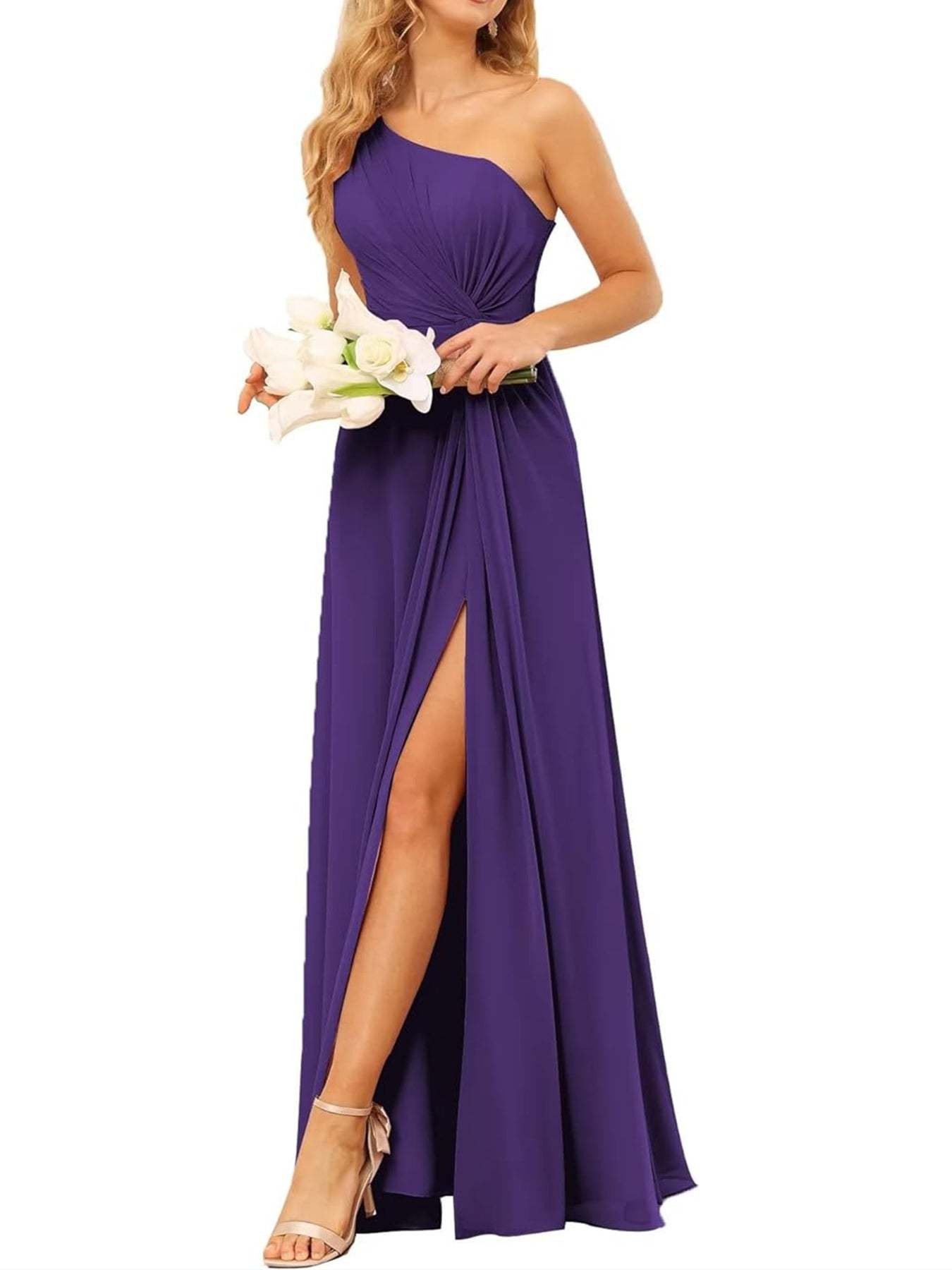 One-Shoulder Sleeveless A-Line Floor-Length Bridesmaid Dress with Pockets