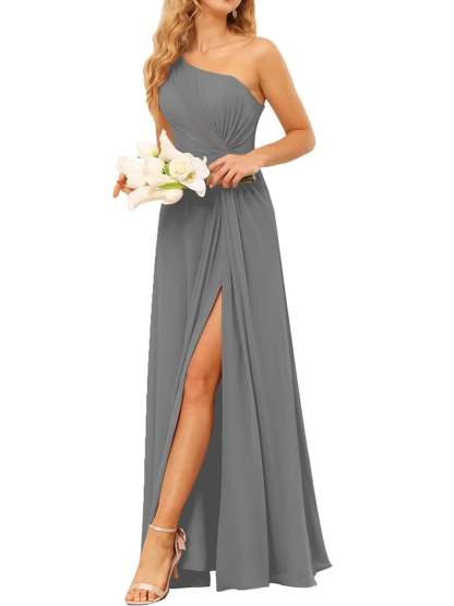 One-Shoulder Sleeveless A-Line Floor-Length Bridesmaid Dress with Pockets