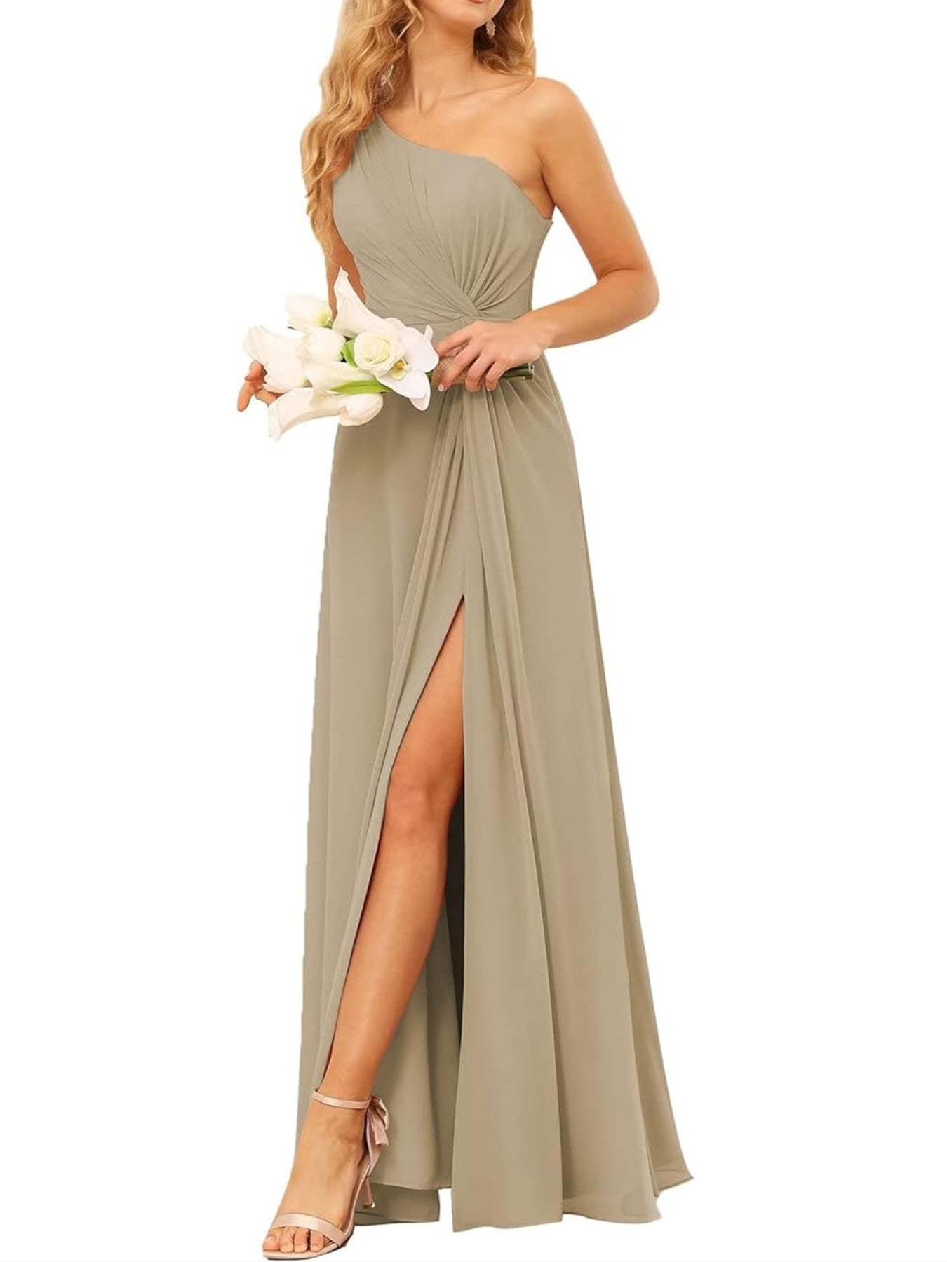One-Shoulder Sleeveless A-Line Floor-Length Bridesmaid Dress with Pockets