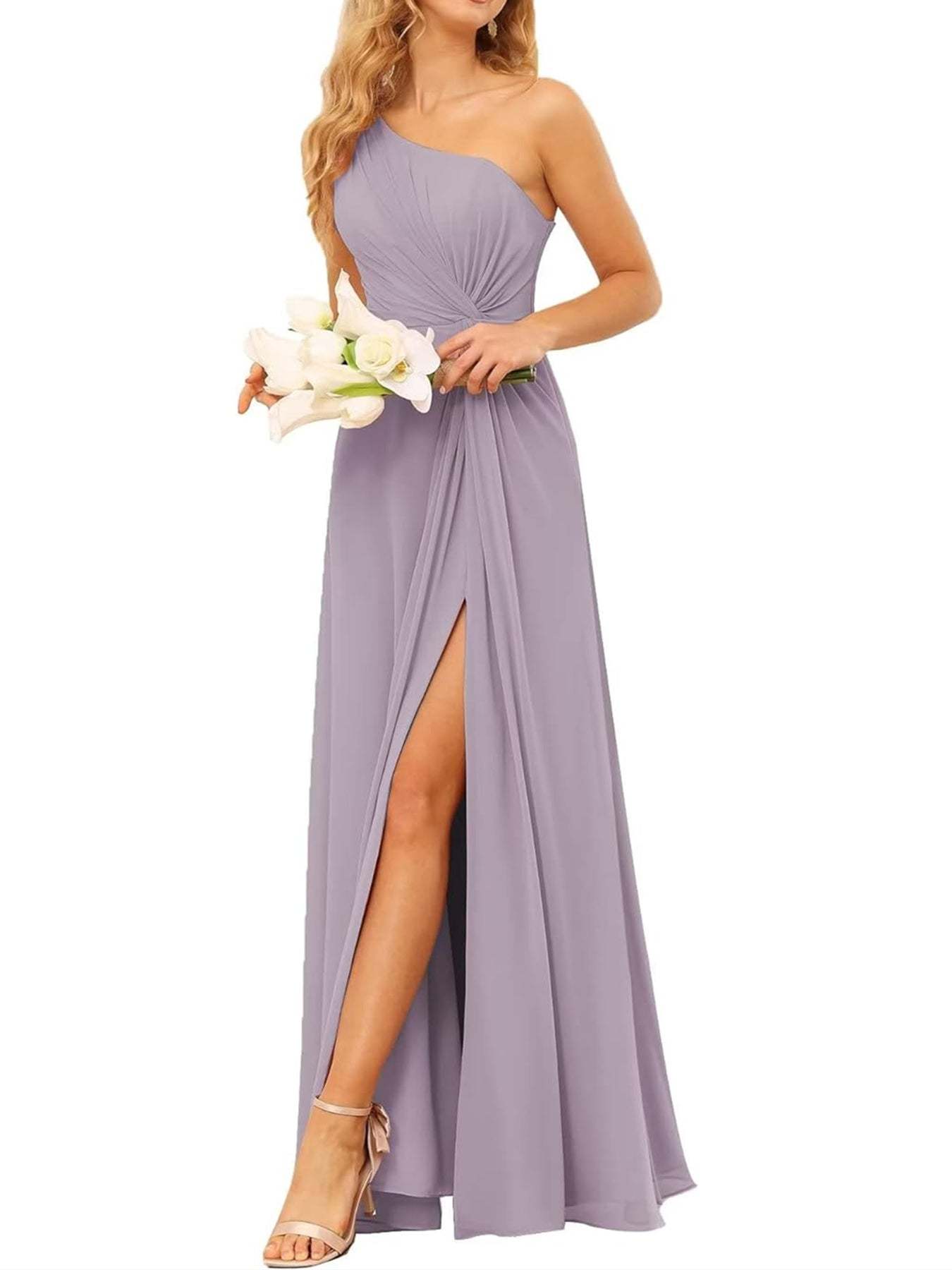 One-Shoulder Sleeveless A-Line Floor-Length Bridesmaid Dress with Pockets