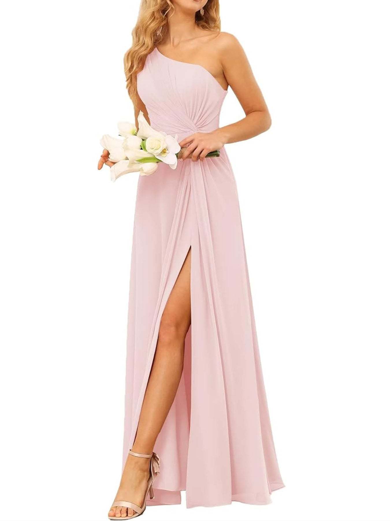 One-Shoulder Sleeveless A-Line Floor-Length Bridesmaid Dress with Pockets