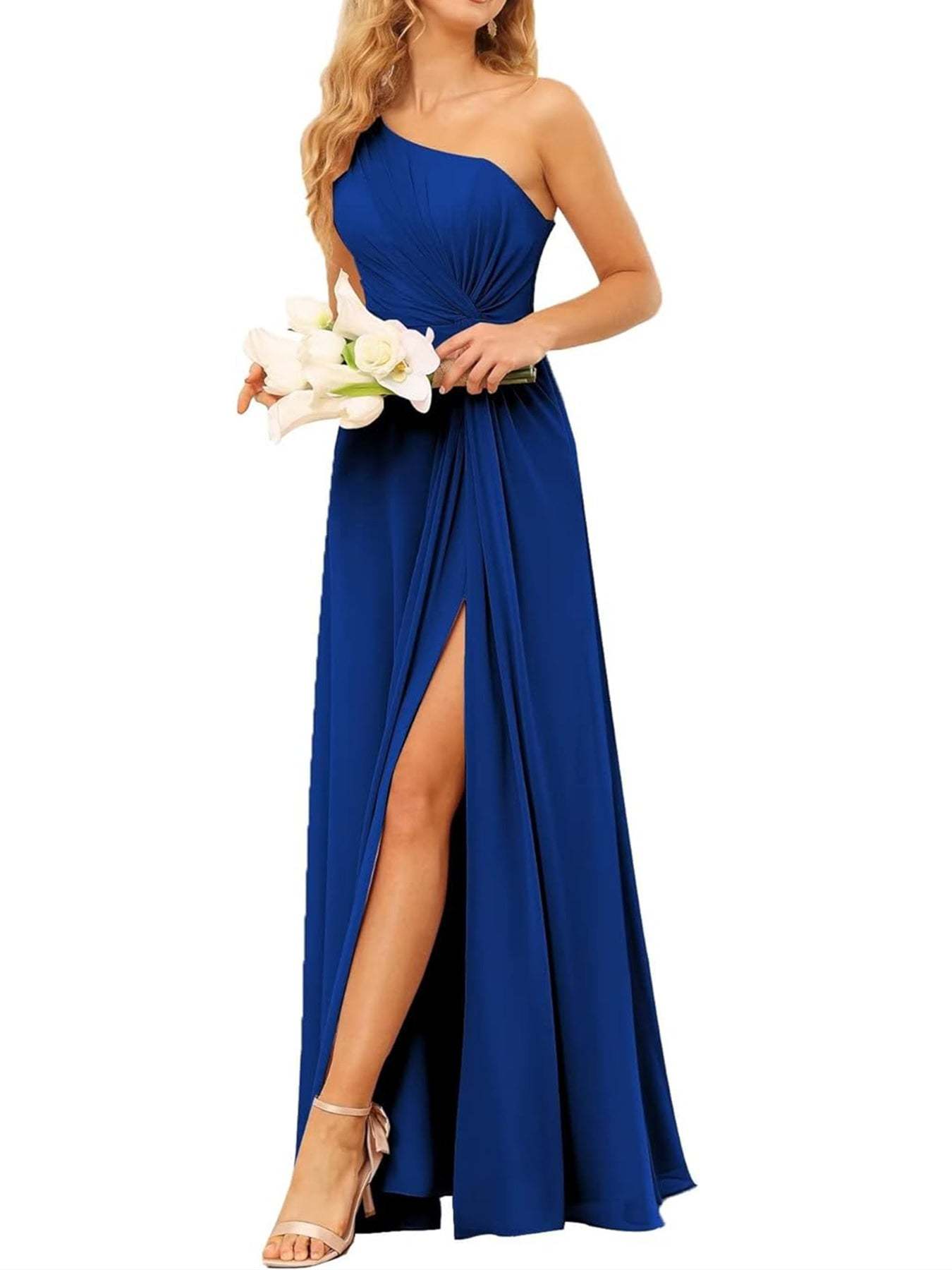 One-Shoulder Sleeveless A-Line Floor-Length Bridesmaid Dress with Pockets