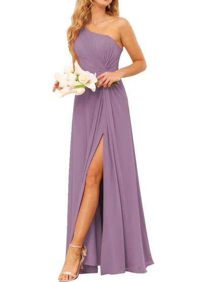 One-Shoulder Sleeveless A-Line Floor-Length Bridesmaid Dress with Pockets
