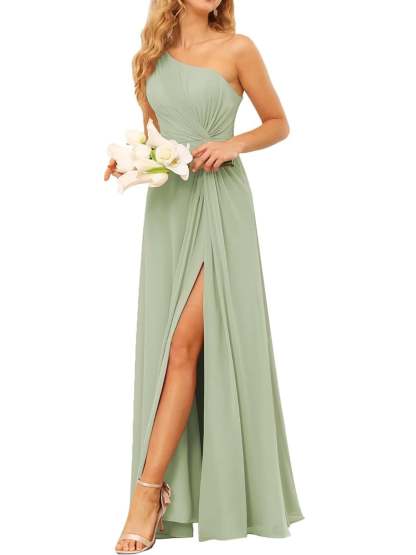 One-Shoulder Sleeveless A-Line Floor-Length Bridesmaid Dress with Pockets