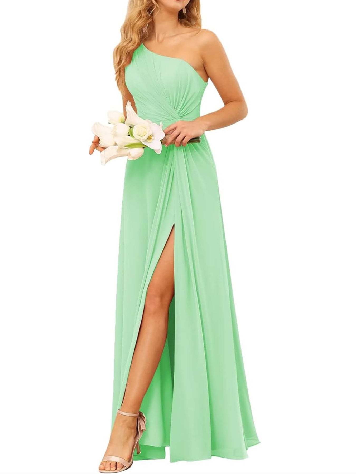 One-Shoulder Sleeveless A-Line Floor-Length Bridesmaid Dress with Pockets