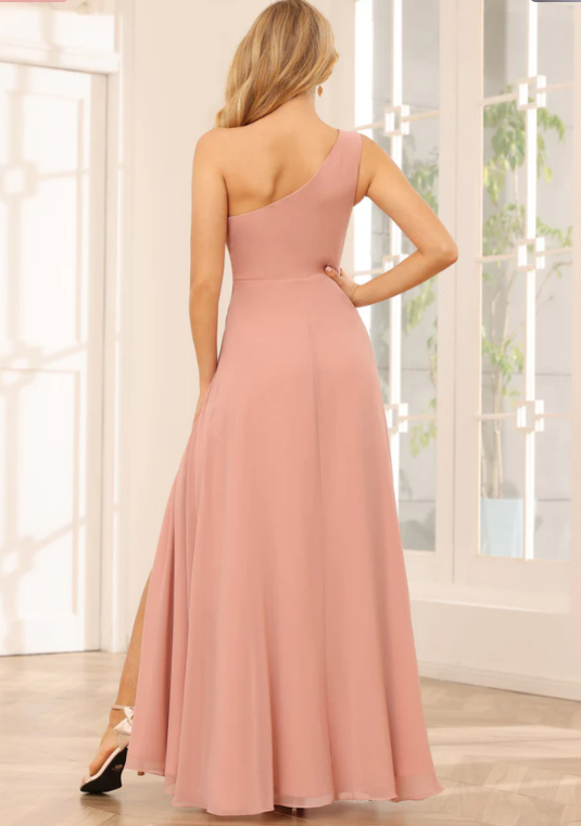 One-Shoulder Sleeveless A-Line Floor-Length Bridesmaid Dress with Pockets