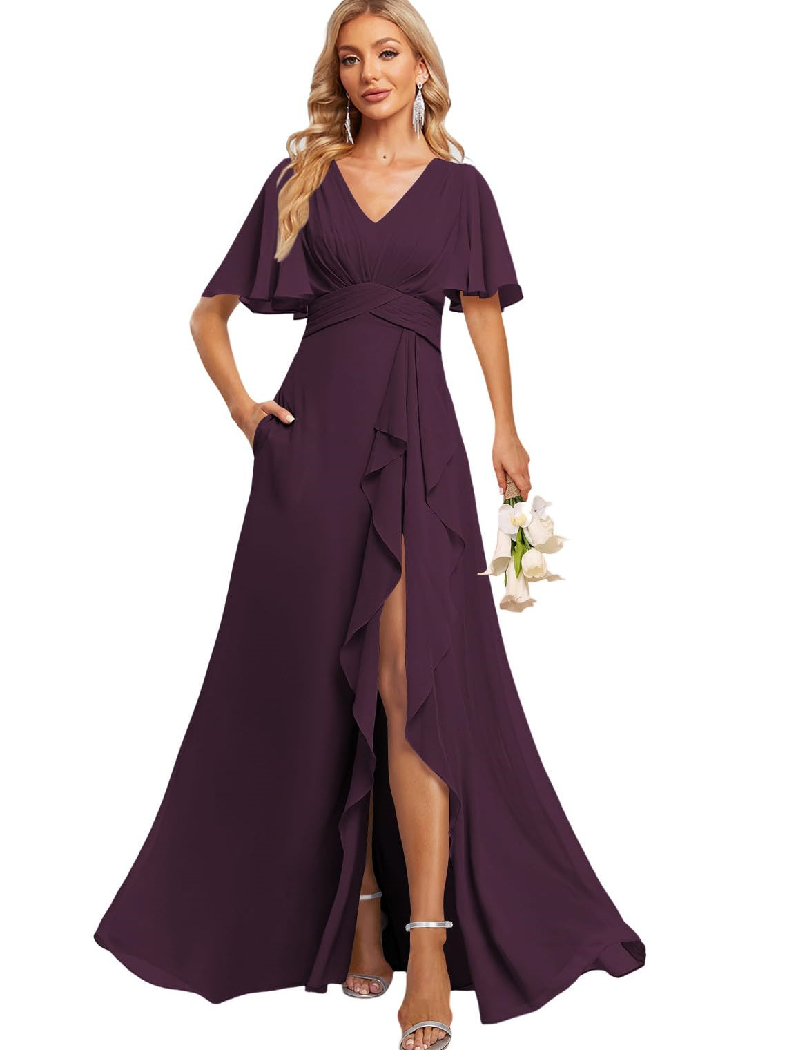 Floor-Length V-Neck A-Line Bridesmaid Dress with Flutter Sleeves Slit Ruffles and Pockets