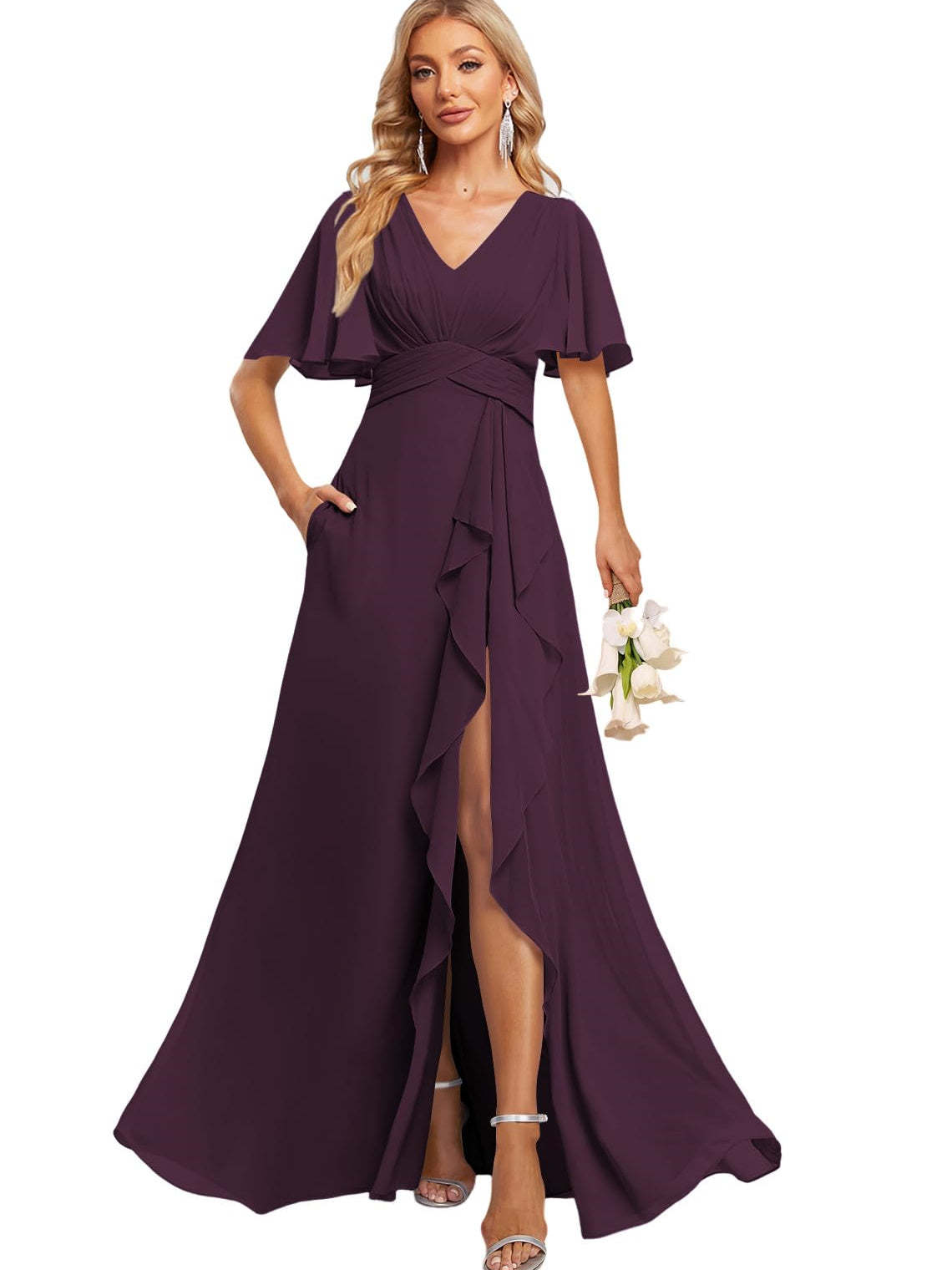 Floor-Length V-Neck A-Line Bridesmaid Dress with Flutter Sleeves Slit Ruffles and Pockets