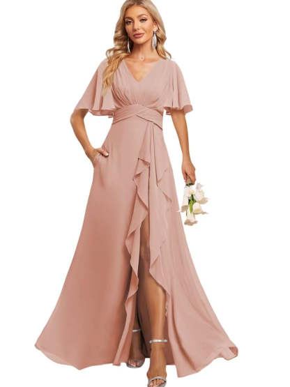 Floor-Length V-Neck A-Line Bridesmaid Dress with Flutter Sleeves Slit Ruffles and Pockets