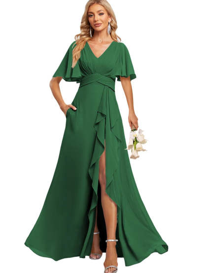 Floor-Length V-Neck A-Line Bridesmaid Dress with Flutter Sleeves Slit Ruffles and Pockets