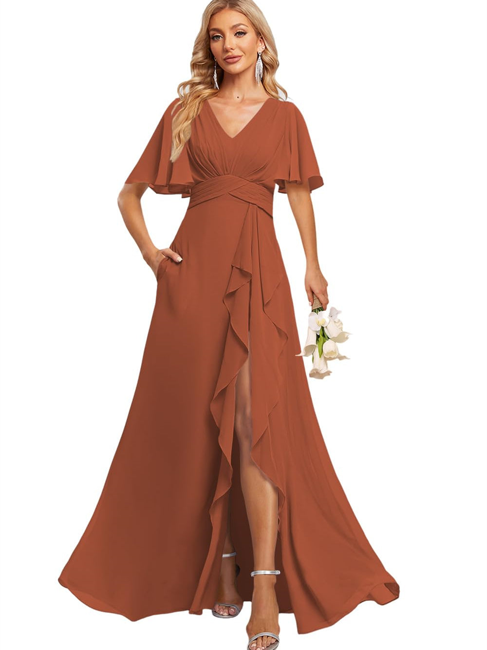 Floor-Length V-Neck A-Line Bridesmaid Dress with Flutter Sleeves Slit Ruffles and Pockets