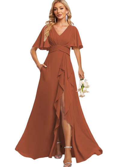 Floor-Length V-Neck A-Line Bridesmaid Dress with Flutter Sleeves Slit Ruffles and Pockets