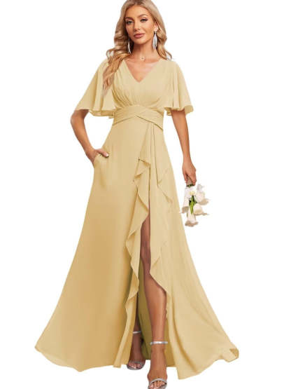 Floor-Length V-Neck A-Line Bridesmaid Dress with Flutter Sleeves Slit Ruffles and Pockets