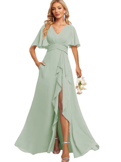 Floor-Length V-Neck A-Line Bridesmaid Dress with Flutter Sleeves Slit Ruffles and Pockets