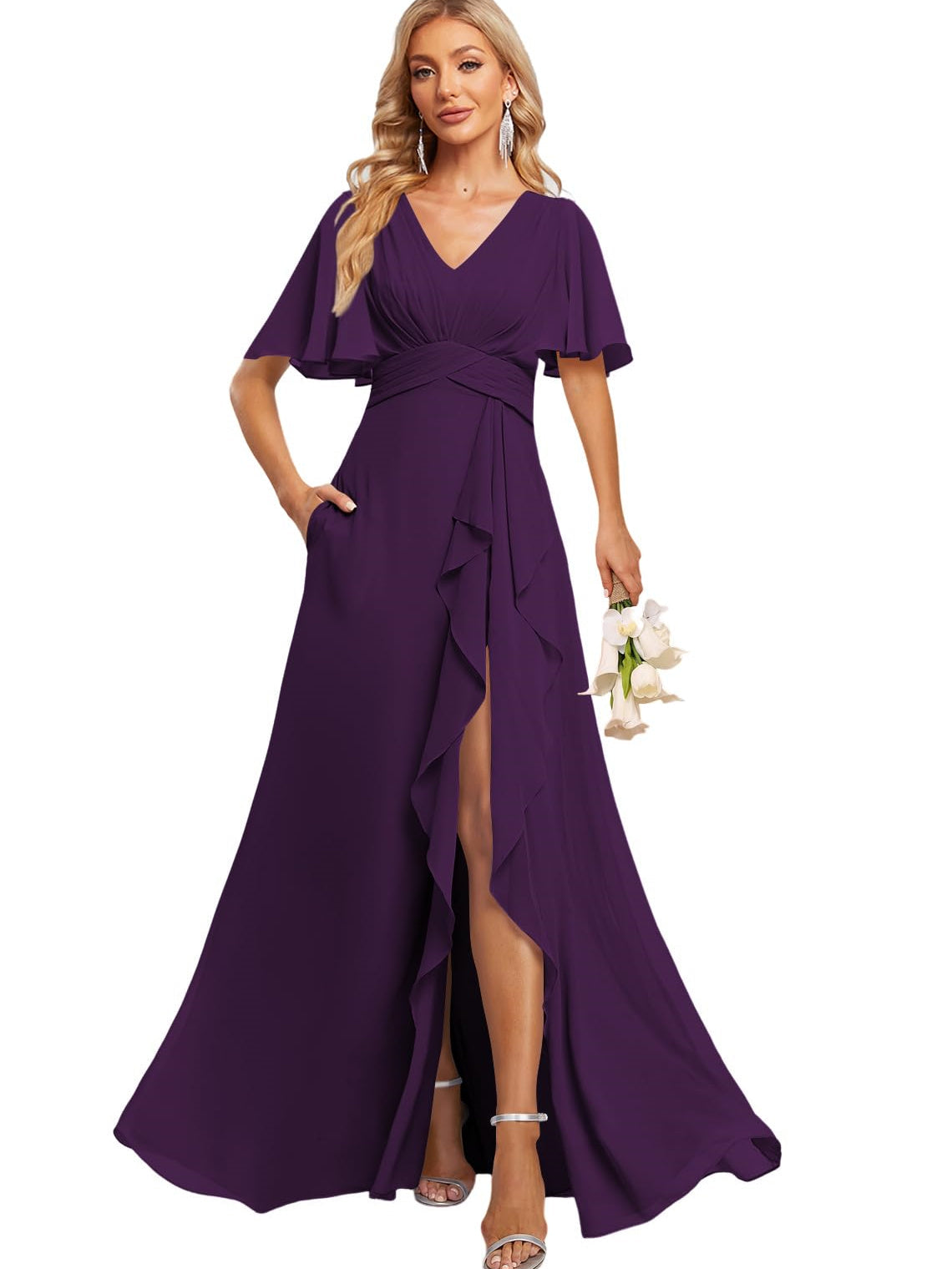 Floor-Length V-Neck A-Line Bridesmaid Dress with Flutter Sleeves Slit Ruffles and Pockets
