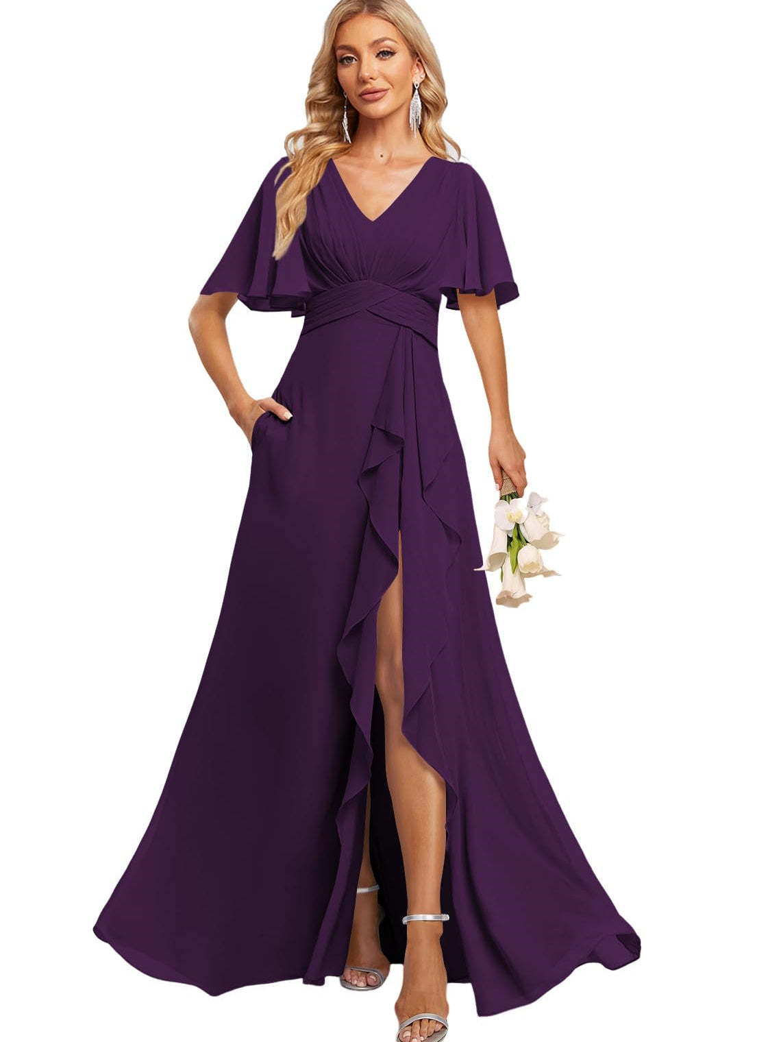 Floor-Length V-Neck A-Line Bridesmaid Dress with Flutter Sleeves Slit Ruffles and Pockets