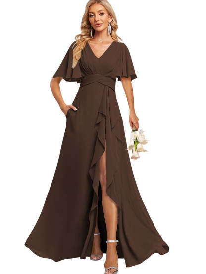 Floor-Length V-Neck A-Line Bridesmaid Dress with Flutter Sleeves Slit Ruffles and Pockets