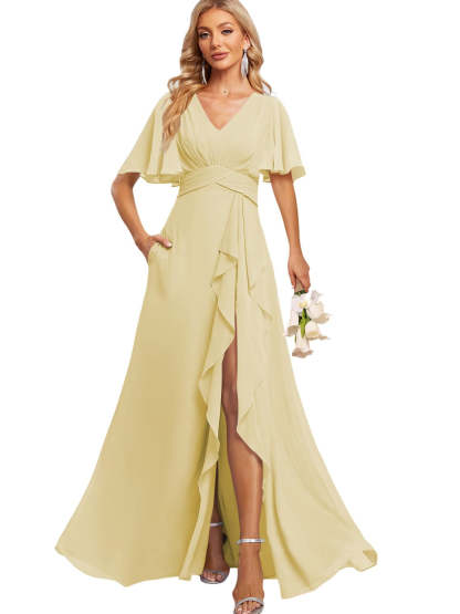 Floor-Length V-Neck A-Line Bridesmaid Dress with Flutter Sleeves Slit Ruffles and Pockets