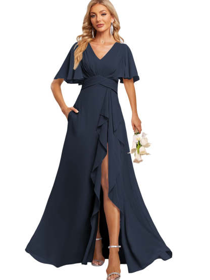 Floor-Length V-Neck A-Line Bridesmaid Dress with Flutter Sleeves Slit Ruffles and Pockets