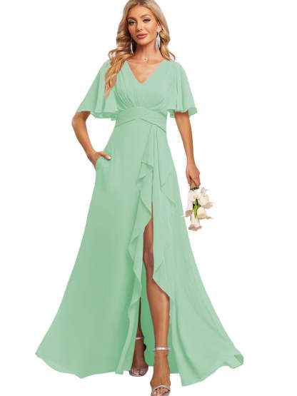 Floor-Length V-Neck A-Line Bridesmaid Dress with Flutter Sleeves Slit Ruffles and Pockets