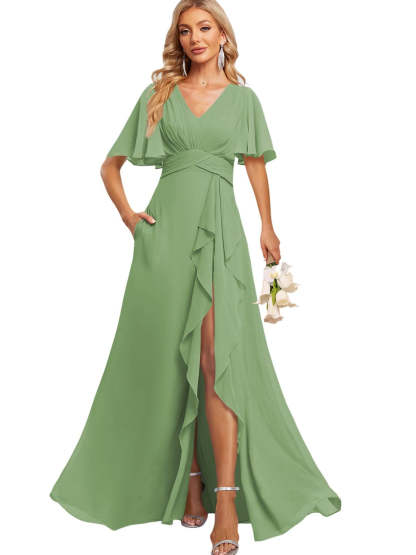 Floor-Length V-Neck A-Line Bridesmaid Dress with Flutter Sleeves Slit Ruffles and Pockets