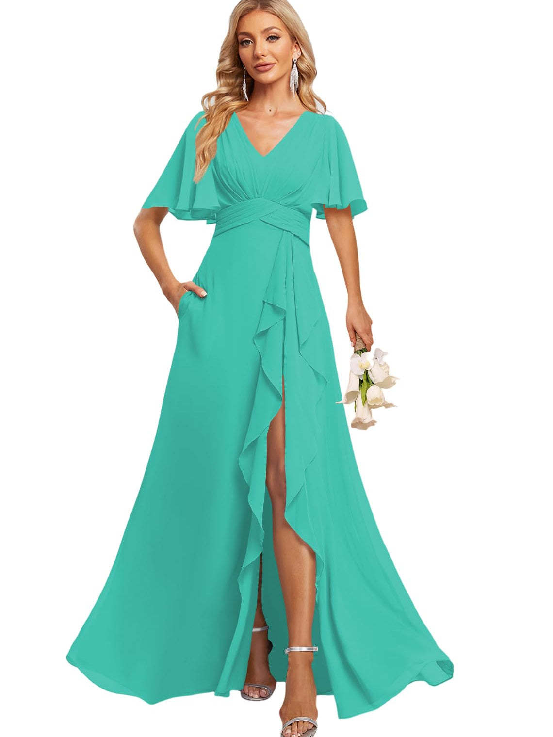 Floor-Length V-Neck A-Line Bridesmaid Dress with Flutter Sleeves Slit Ruffles and Pockets