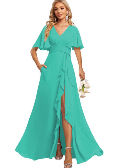 Floor-Length V-Neck A-Line Bridesmaid Dress with Flutter Sleeves Slit Ruffles and Pockets
