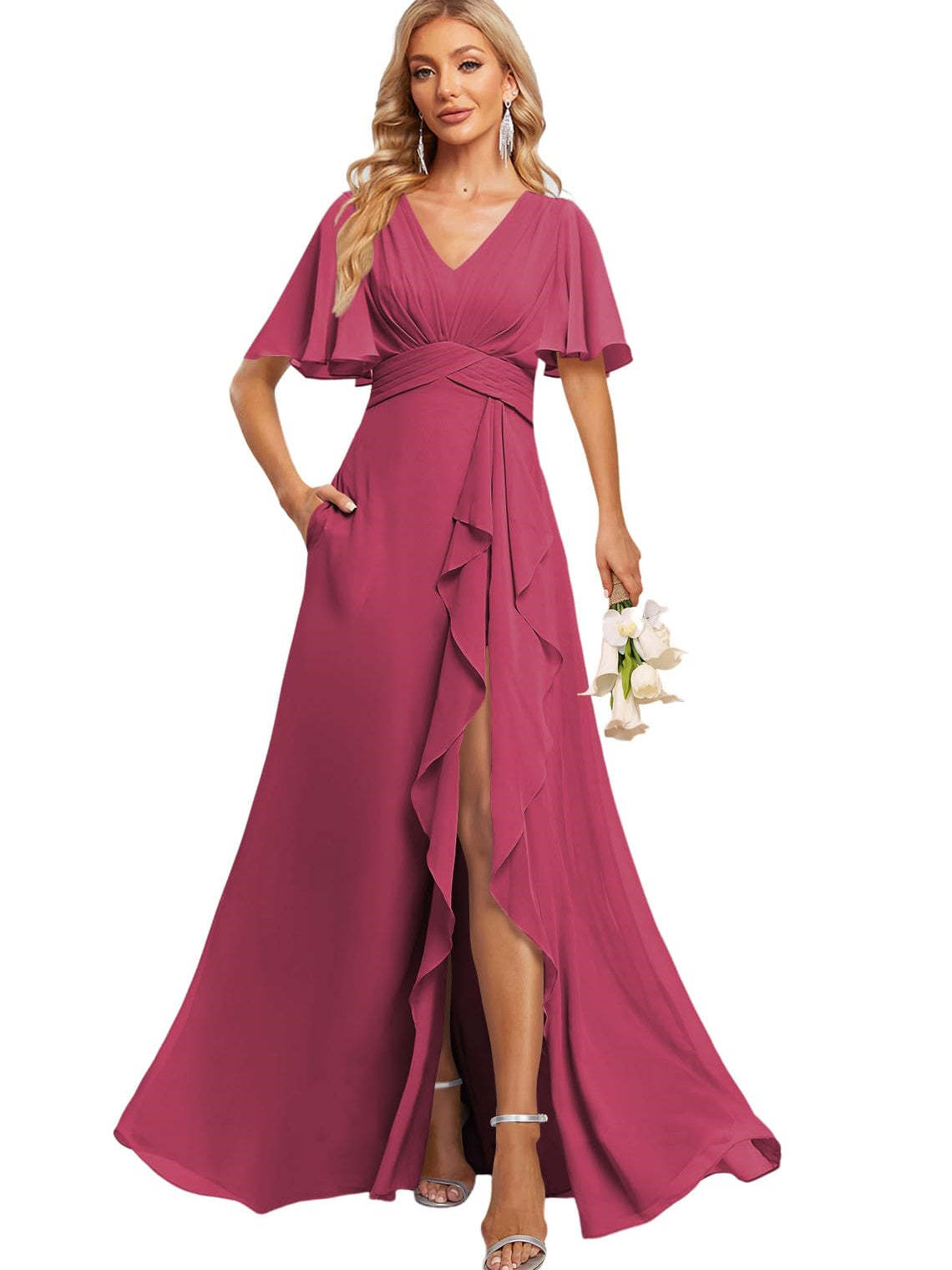 Floor-Length V-Neck A-Line Bridesmaid Dress with Flutter Sleeves Slit Ruffles and Pockets