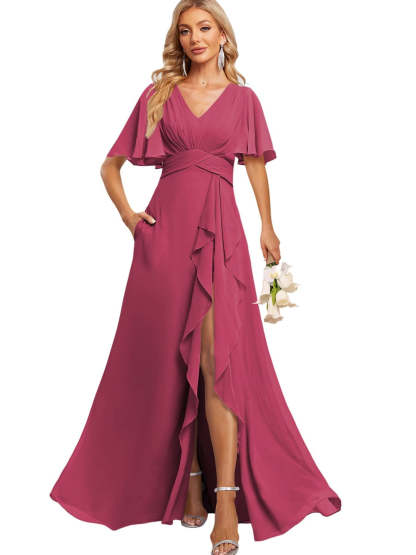 Floor-Length V-Neck A-Line Bridesmaid Dress with Flutter Sleeves Slit Ruffles and Pockets