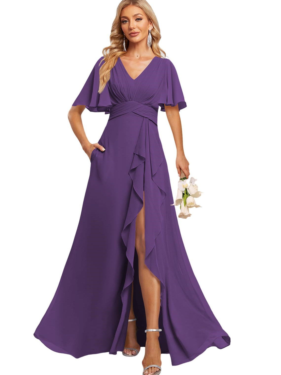 Floor-Length V-Neck A-Line Bridesmaid Dress with Flutter Sleeves Slit Ruffles and Pockets